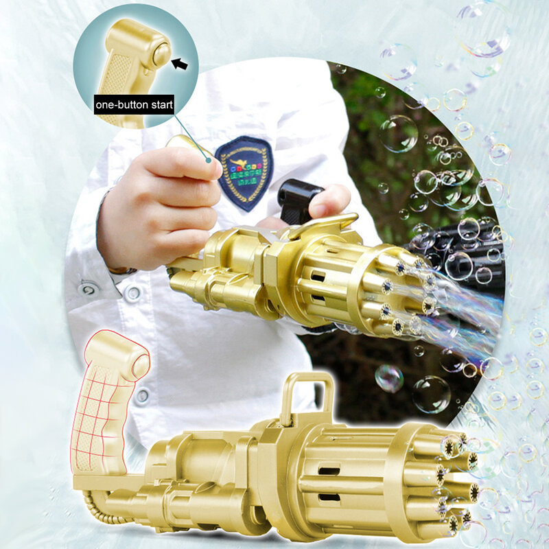 Máquina de burbujas eléctrica Gatling para niños, pistola de burbujas automática de oro y negro, función combinada de ventilador de pistola de juguete