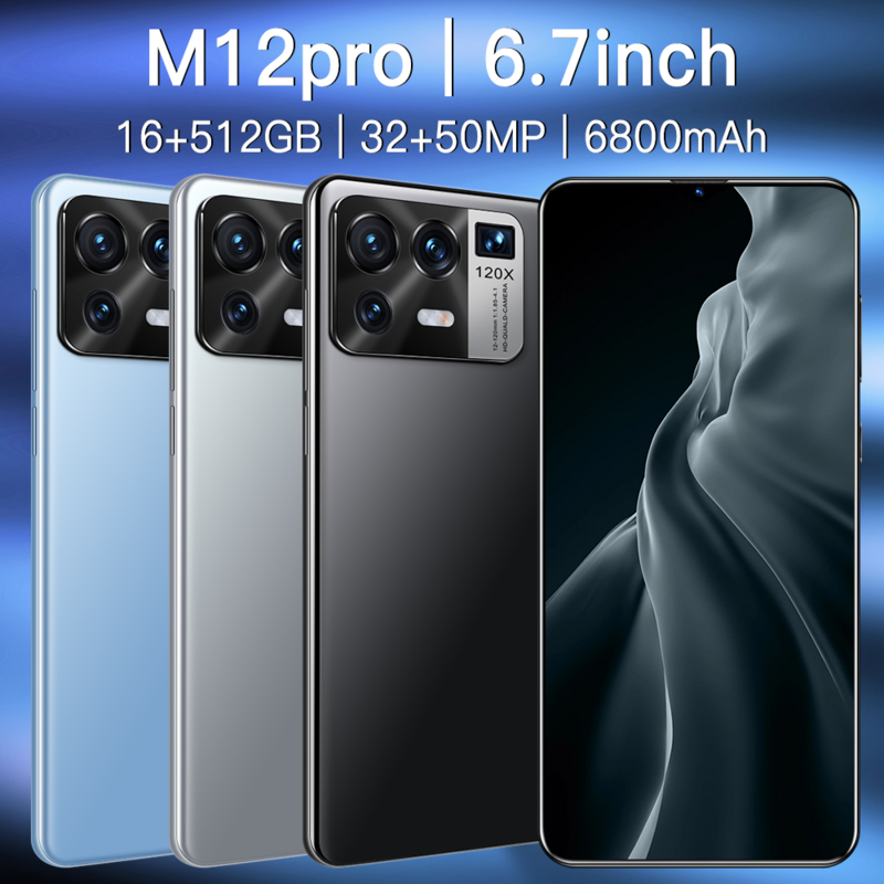 สมาร์ทโฟน M12 Pro 6.7นิ้ว MTK6889 Android11 12G + 512G Deca Core 50MP 6800Mah 5G อังกฤษ global Version โทรศัพท์มือถือ