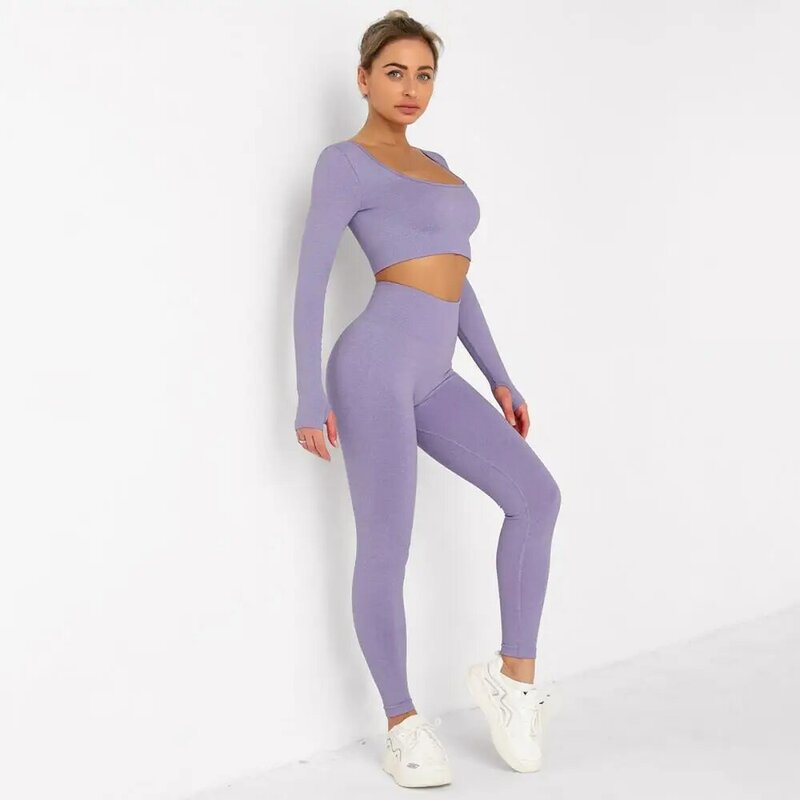 2 Buah Set Gym Kebugaran untuk Wanita Set Yoga Legging Mulus Pakaian Olahraga Wanita Atasan Crop Gym Pakaian Olahraga Ketat Pinggang Tinggi