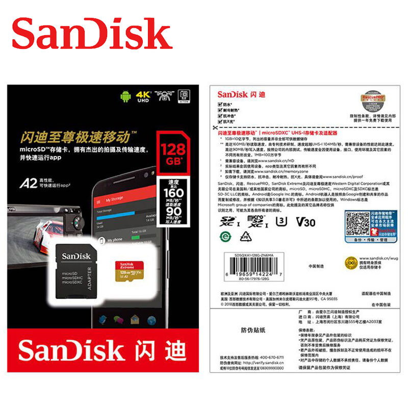 SanDisk-tarjeta de memoria Micro SD con adaptador para teléfono, microsd de 128GB, 64GB, 32GB, Extreme Ultra, 256GB, TF, Clase 10, U1/U3, 4K, 100 MB/s