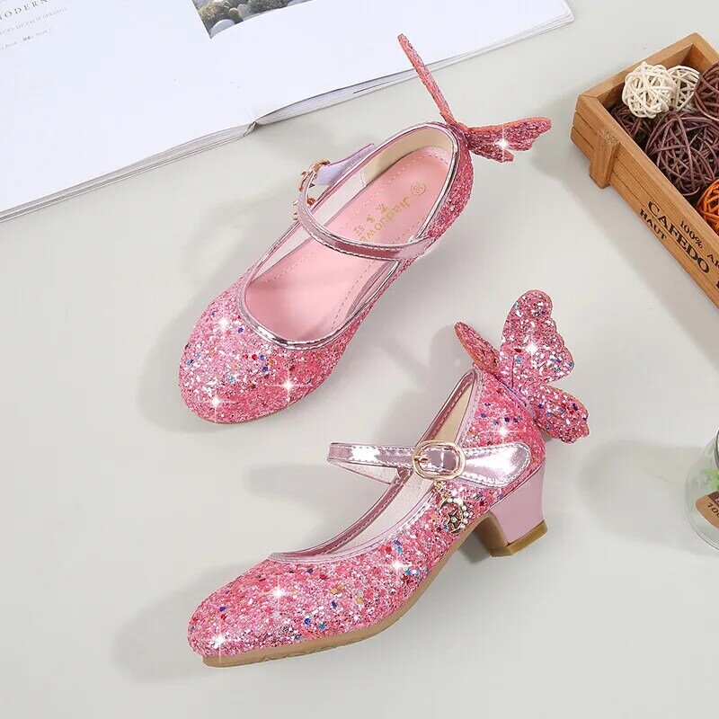 Sapatos de couro infantil de princesa para meninas, calçados casuais com detalhes em glitter, borboleta, azul, rosa e prata, 2020