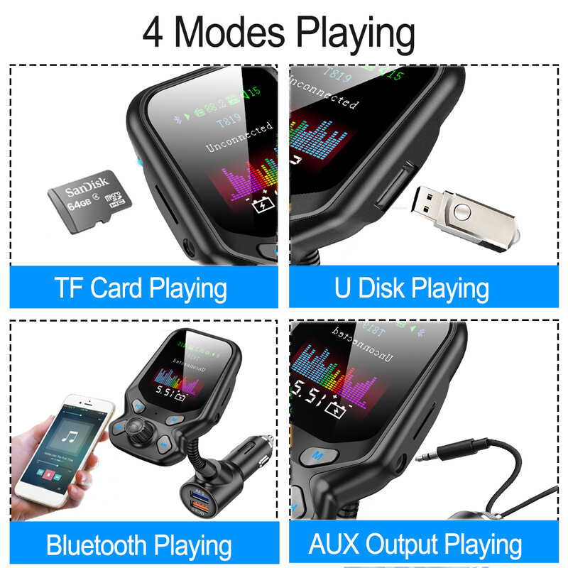 1.8'' LCD Display Bluetooth 5.0 Car MP3 Audio AUX Player FM Transmitter Wireless Handsfree Car Kit QC3.0 Dual USB Car Charger