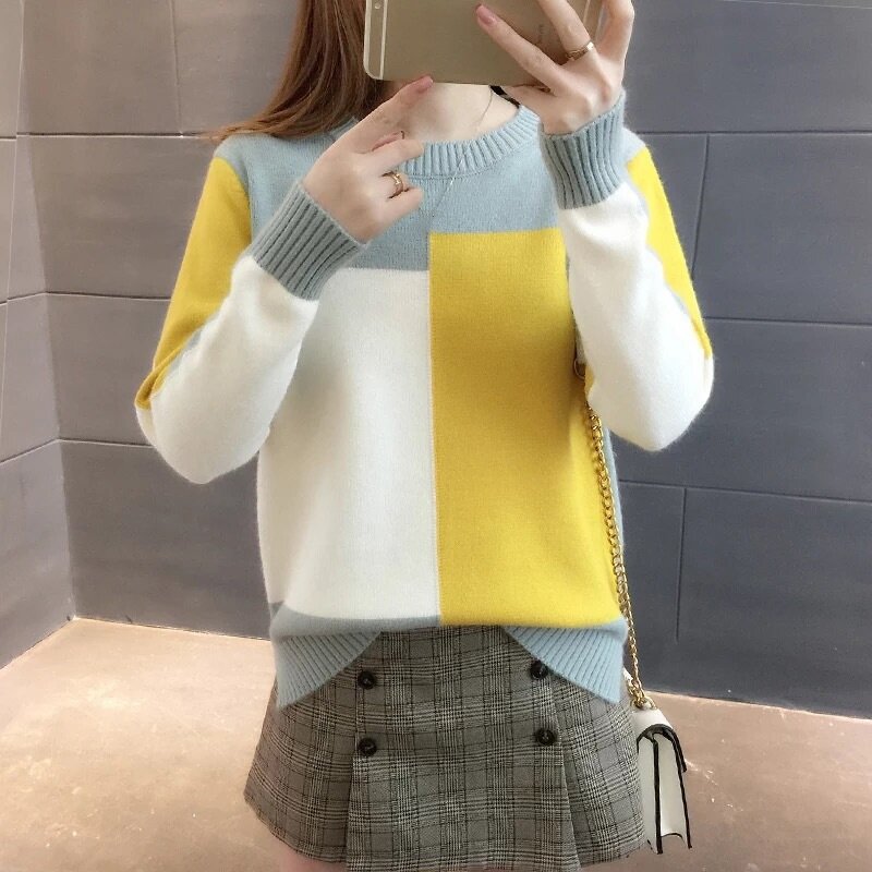 Suéter manga longa feminino, pulôver de malha tipo contraste com manga comprida, outono e inverno 2020