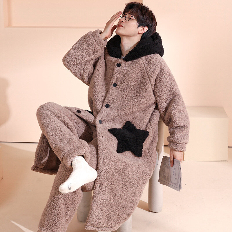 Conjunto de pijama de franela cálida para hombre, camisón de lana de Coral grueso, ropa para el hogar, otoño e invierno, M-5XL