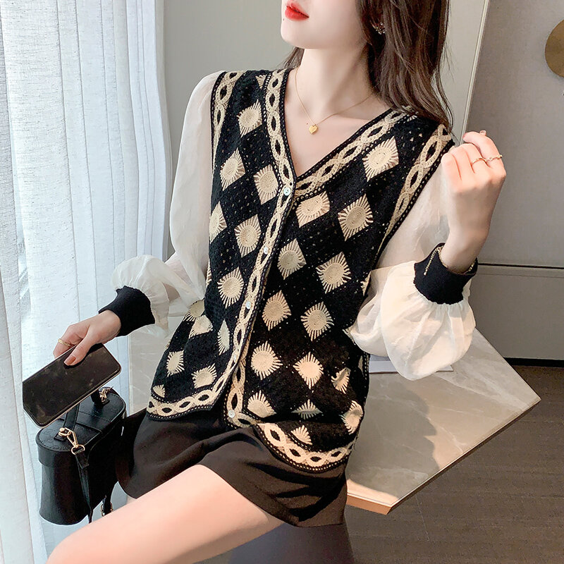 Camisas das mulheres retalhos de malha blusa feminina falso de duas peças de manga longa senhoras topos com decote em v botão acima da roupa básica camisa xadrez