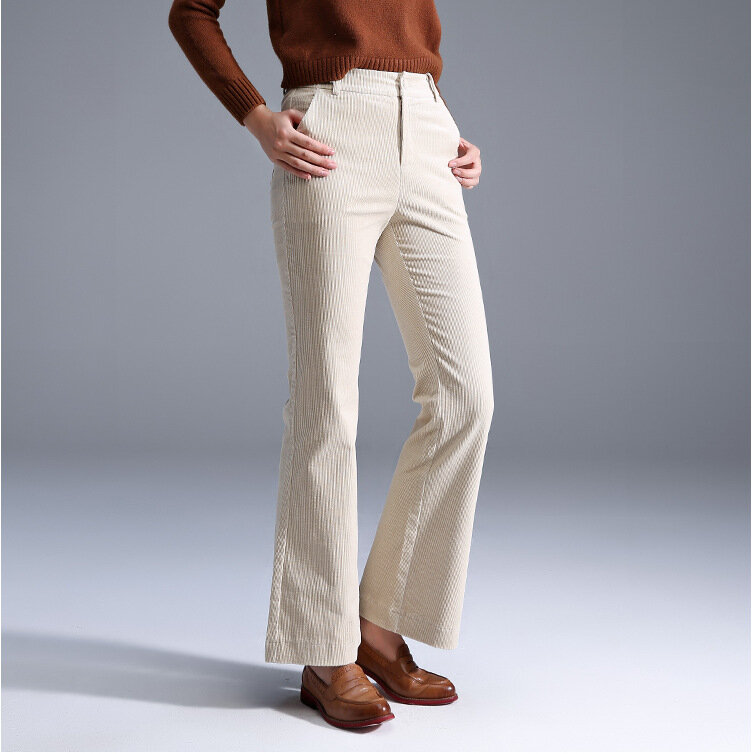 Mulheres outono inverno queimado calças de veludo calças de cintura alta casual feminino bell bottom sólida
