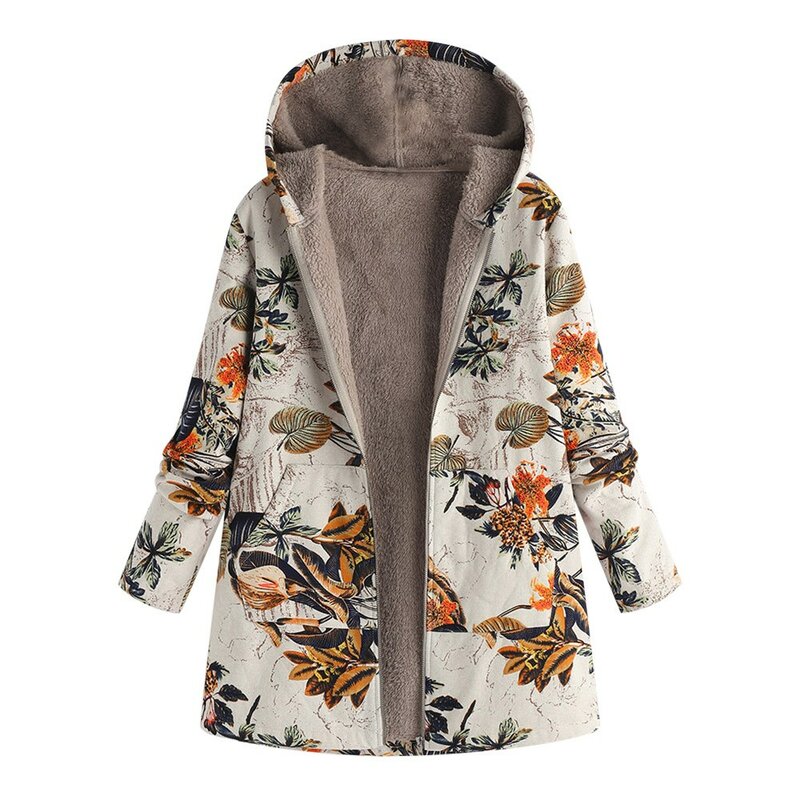 Manteaux chauds pour femmes, épais, imprimé Floral, poches à capuche, Vintage, vêtements d'extérieur, manteaux surdimensionnés, grande taille, collection hiver S-5XL