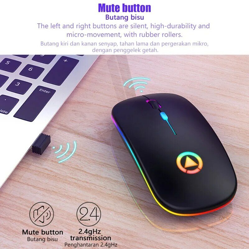 Ratón inalámbrico recargable con retroiluminación LED, Mouse óptico USB para notebook, PC, ordenador portátil, top