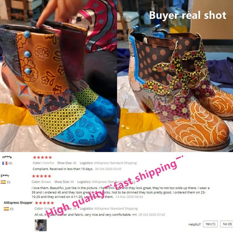 Vintage Splicing Printed Ankle Boots For Women Shoes Woman PU Leather Retro Block High Heels Women Boots 2020