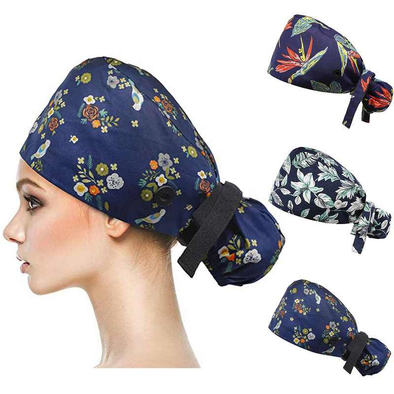 Bonés de enfermeira unisex com botões de algodão ajustável impressão chapéus de alta qualidade suor-elástico multicolorido sweatband bouffant chapéus