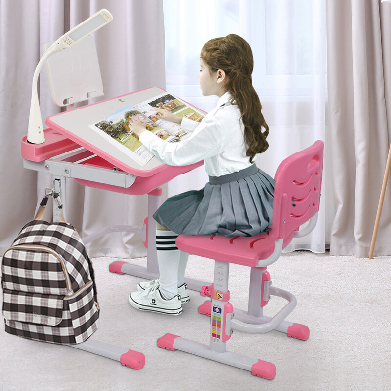 Children Learning Table Chair Sets Pink Kids Study Desk Adjustable 70CM Lifting Table Can Tilt With Reading Stand USB Table Lamp