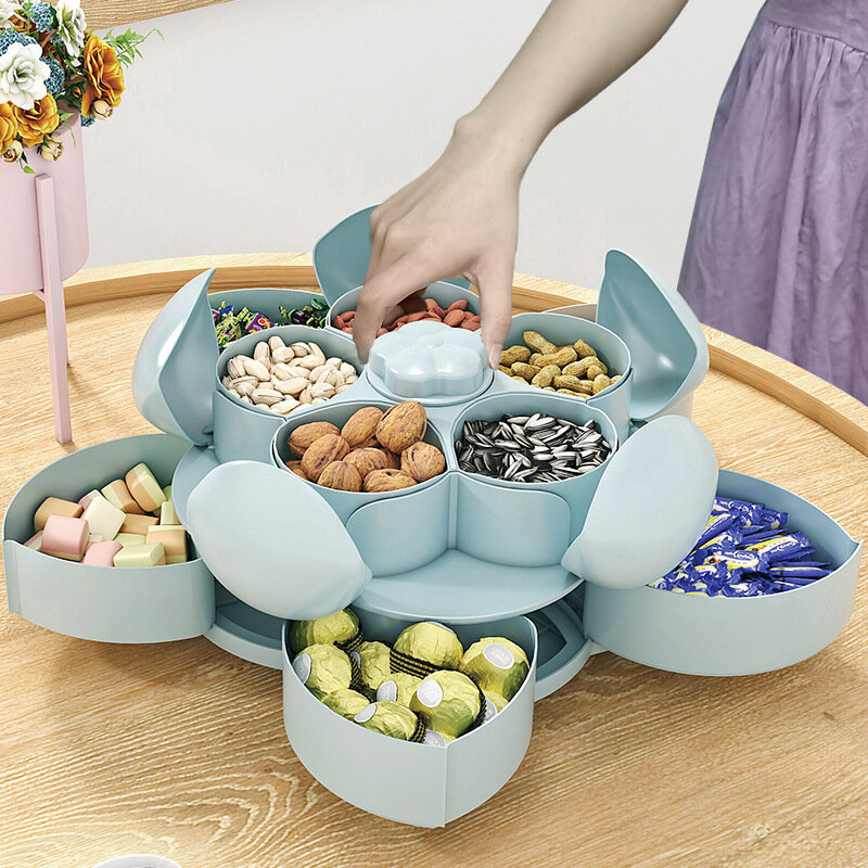 Caja de dulces giratoria en forma de pétalo, caja de frutos secos para aperitivos, plato de flores para dulces y frutas, organizador de almacenamiento de alimentos de dos pisos