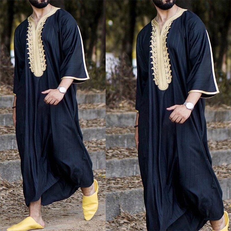 이슬람 남성 긴 소매 이슬람 아랍 셔츠 자수, v넥 아바야 Caftan 가운 L41B