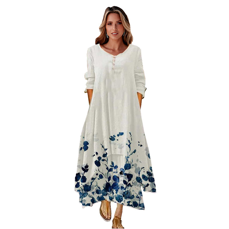 WAYOFLOVE – robe longue décontractée à manches longues et col rond pour femme, avec boutons et imprimé floral 3D, élégante, printemps 2022