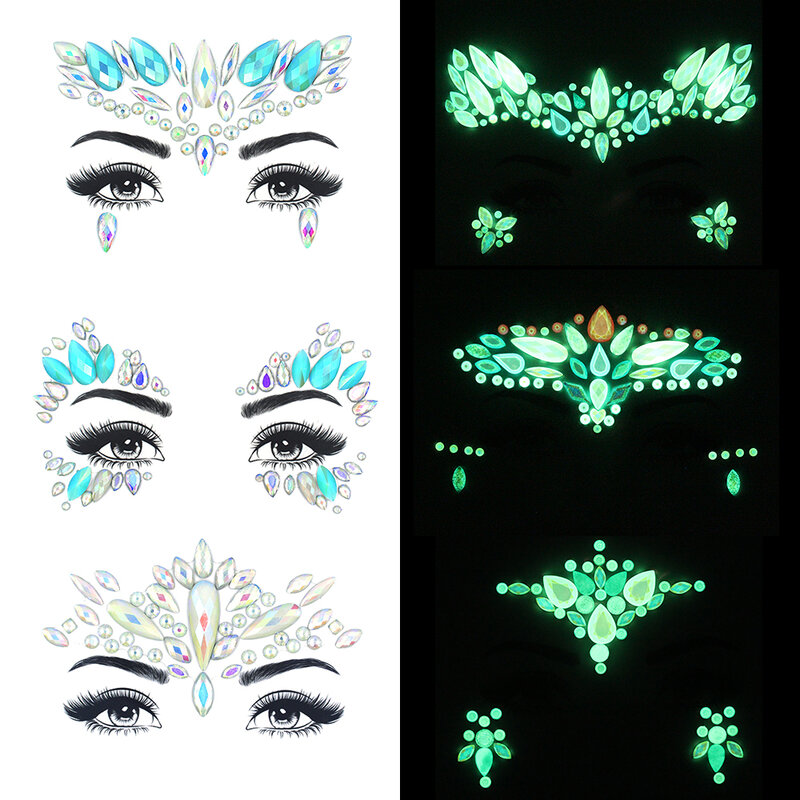 Nachtleuchtende Gesicht Edelsteine Leucht Temporäre Tattoo Aufkleber Acryl Kristall Glitter Aufkleber Wasserdicht Gesicht Juwelen Regenbogen