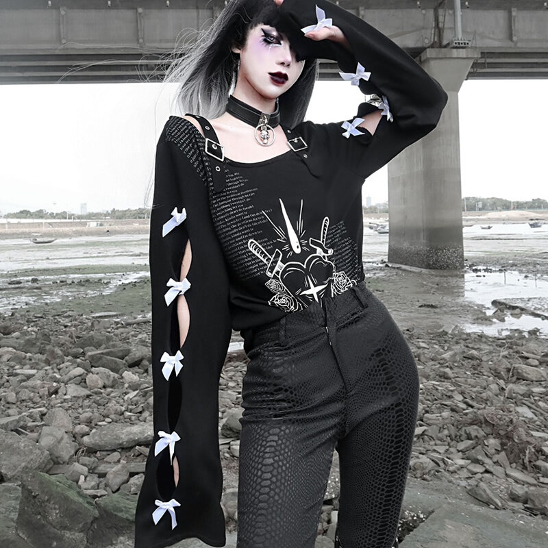 Emo feminino alt streetwear manga longa escuro estética alternativa gótico goth pulôver oversized tops grunge camisolas roupas