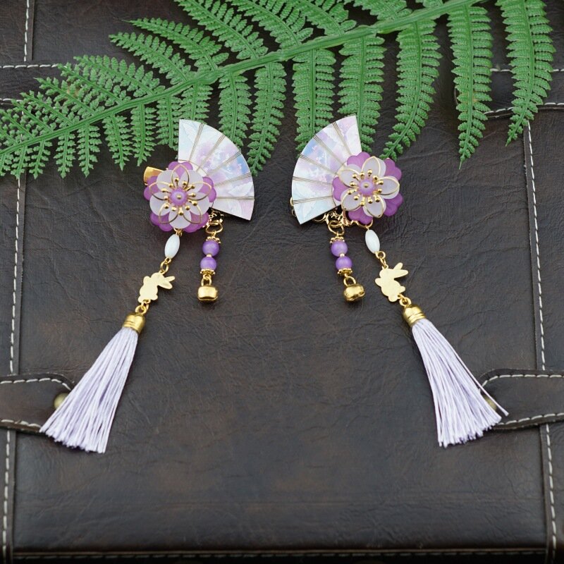1 Pair Chinese Style Girls Handmade Fan-shaped Hair Clips With Tassels Kids Hair Accessories