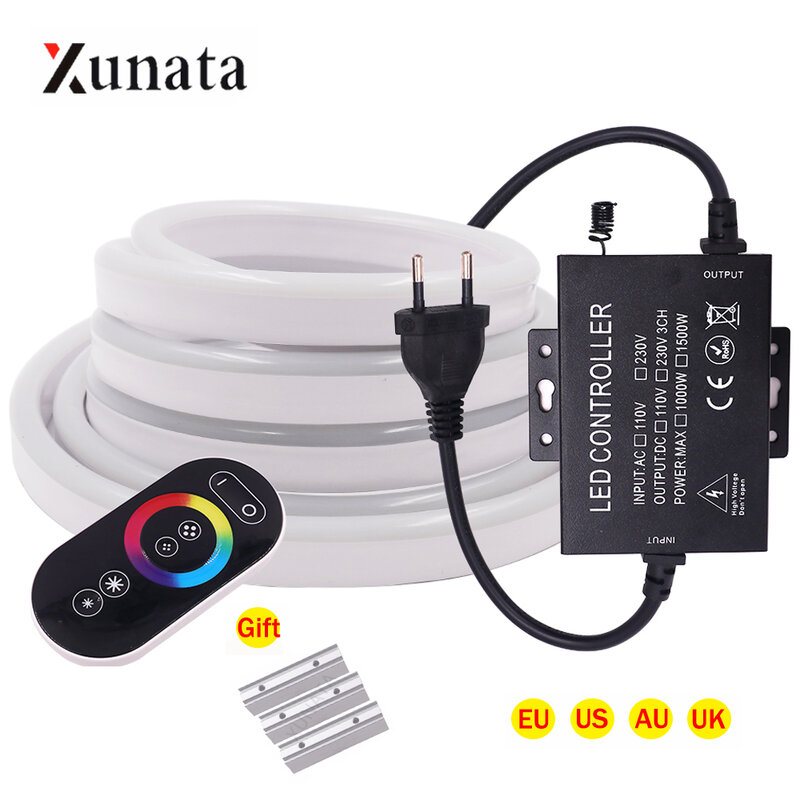 Señal de neón Flexible, 110V, 220V, RGB, 5050, 120LED/M, cinta de neón LED impermeable con controlador RGB, tira LED