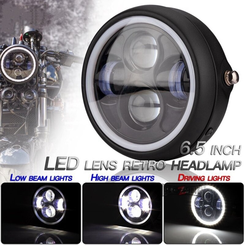 Seaby Aksesoris Motor Hitam 6.5 Inci Lensa Mata Empat Kali Lipat Lampu Depan LED Retro untuk Kafe Pembalap Sportster Bobber Chopper
