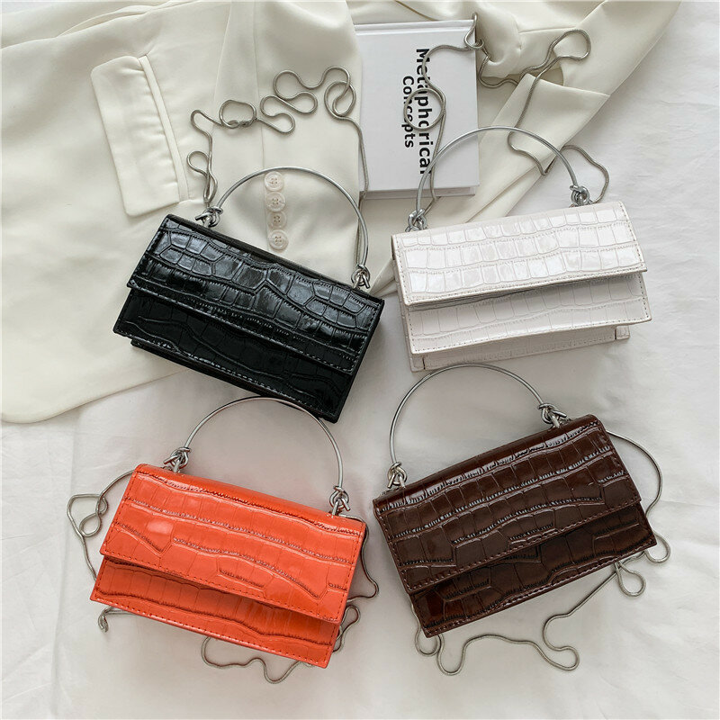 Retro Mode Stein Muster Hit Farbe Tragbare Kleine Quadratische Tasche Damen PU Reine Farbe Einfache Kette Crossbody Schulter Arm Tasche