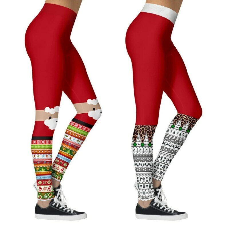 X3UE Frauen Hässliche Weihnachten Mid Aufstieg Leggings Kontrast Farbige Polka Dot Gestreiften 3D Digital Print Sexy Elastische Dünne Strumpfhosen