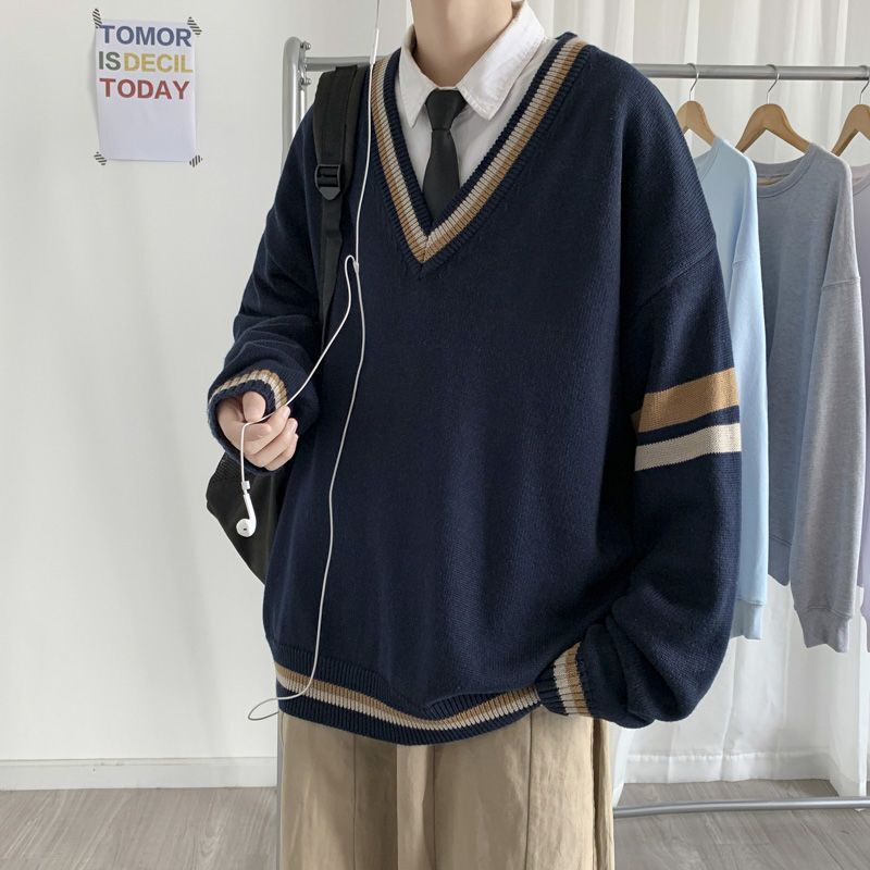Jersey de manga larga con cuello en V para hombre y mujer, abrigo informal de punto para estudiantes coreanos, para Otoño e Invierno