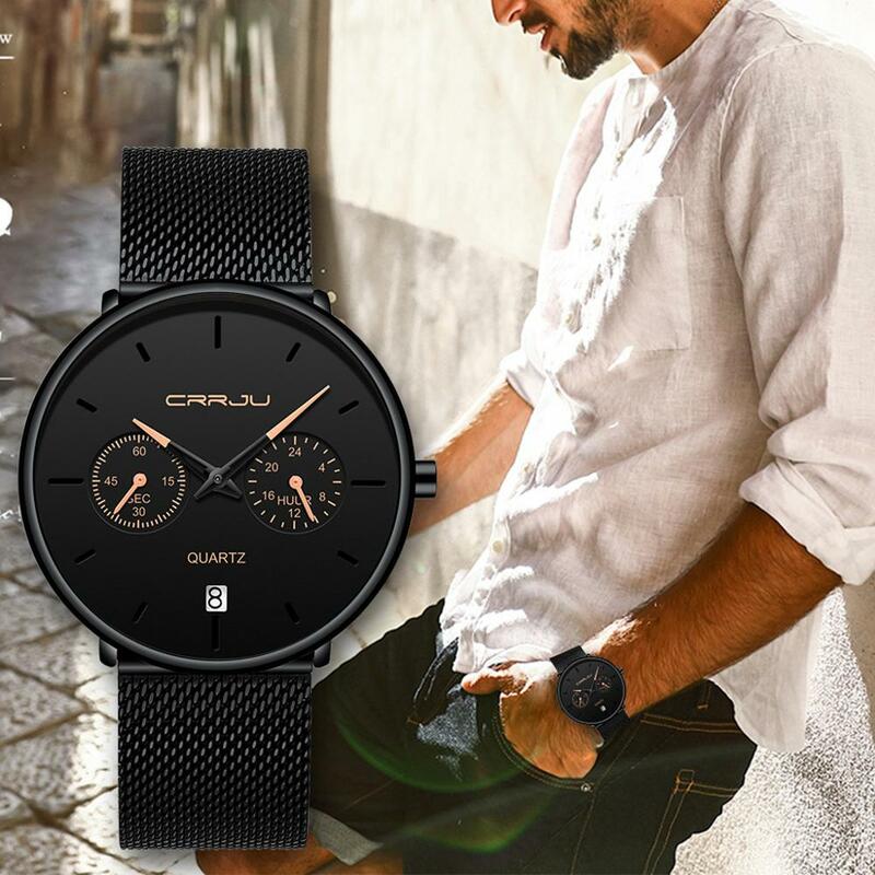 CRRJU reloj de hombre Casual 24 horas de visualización de malla Correa reloj de pulsera de moda deporte impermeable completo reloj con calendario Relogio Masculino