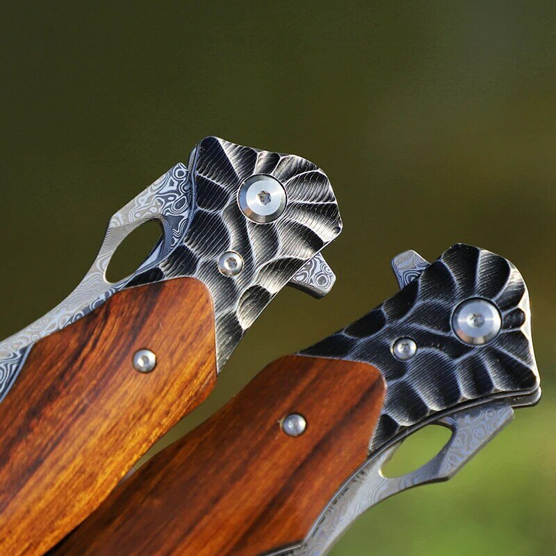 ALVELY-cuchillo plegable de bolsillo, herramienta EDC de supervivencia, hecho a mano, de acero de Damasco, mango de madera de alta calidad