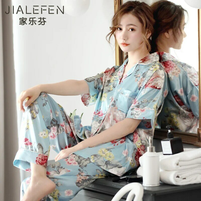 Pijamas de las mujeres de verano de seda de hielo pantalones de manga corta pijamas de verano delgada Artificial seda Floral medio-de la madre