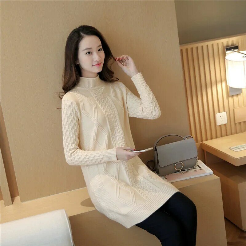 2021 Autumn Girls Solid Color Half High Collar Long Kniited Pullover Sweater