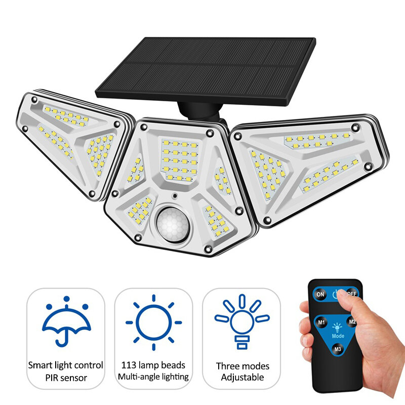 Luz de pared con Sensor Solar para exteriores, lámpara de energía Solar impermeable con cabeza ajustable, 113 LED, Sensor de movimiento de inducción humana