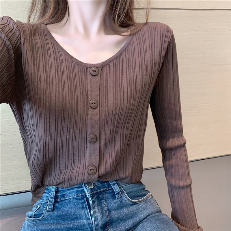 Início do outono novo decote em v de manga comprida malhas curto topo de fundo camisa para mulher camisola de roupa interior