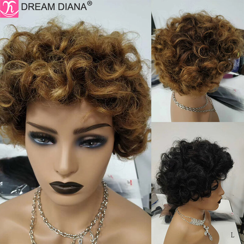 DreamDiana 100% Remy ludzki włos peruki 8 "krótkie kręcone ludzkie włosy peruki dla czarnych kobiet złoty Ombre Blond brazylijski włosy pełne peruki M