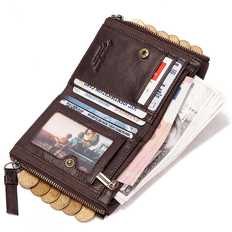 Billeteras Retro de cuero genuino para hombre, cartera masculina de cuero genuino con bloqueo RFID, doble cremallera, monedero corto de ocio, tarjetero