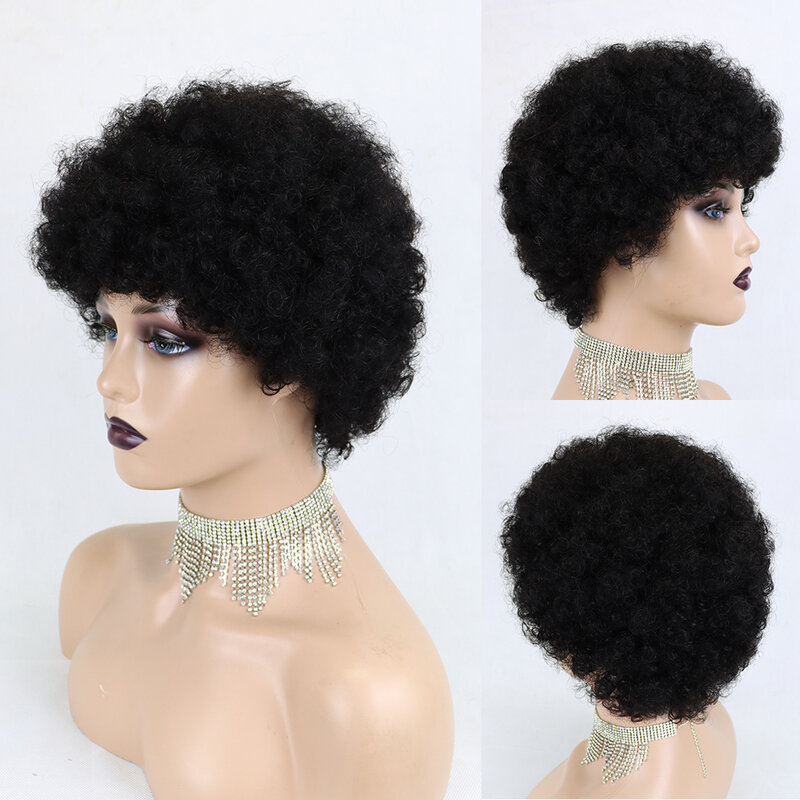 Pelucas de cabello humano brasileño para mujeres, pelo corto Afro rizado con corte Pixie, color negro Natural, venta a granel, hecho a máquina, barata