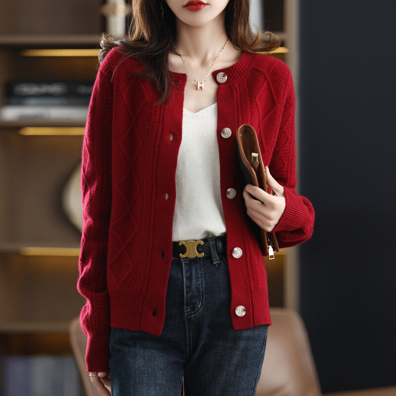 Giacca da donna Cardigan in pura lana girocollo per autunno/inverno 2021 nuovo maglione spesso lavorato a maglia sciolto All-Match maniche lunghe intrecciate