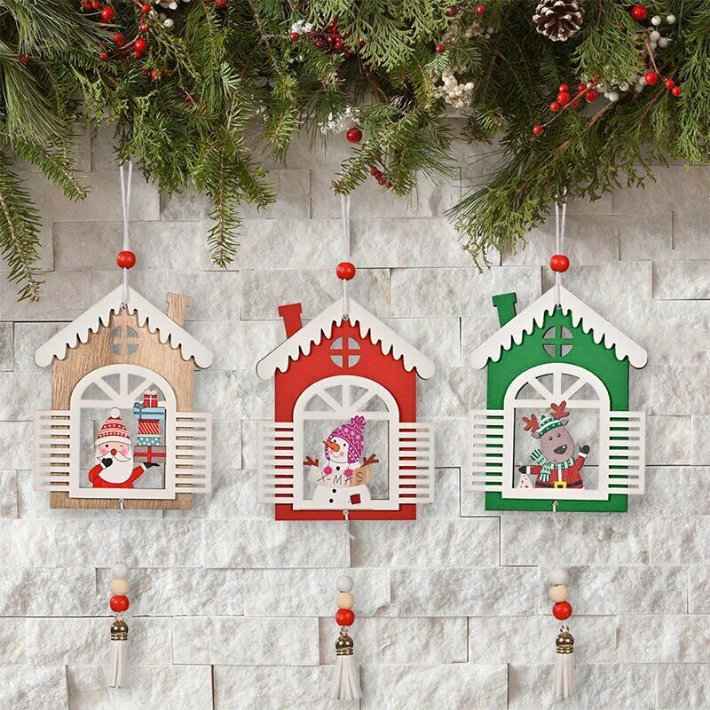 1PC Christmas Pendant Wooden House Xmas Tree Santa Claus Snowman Drop Ornaments New Year Home Decorations for Kids Toy Gift
