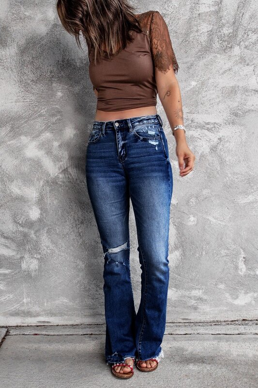 Moda feminina buraco de cintura alta retro estiramento fino micro-queimado calças bootcut jeans