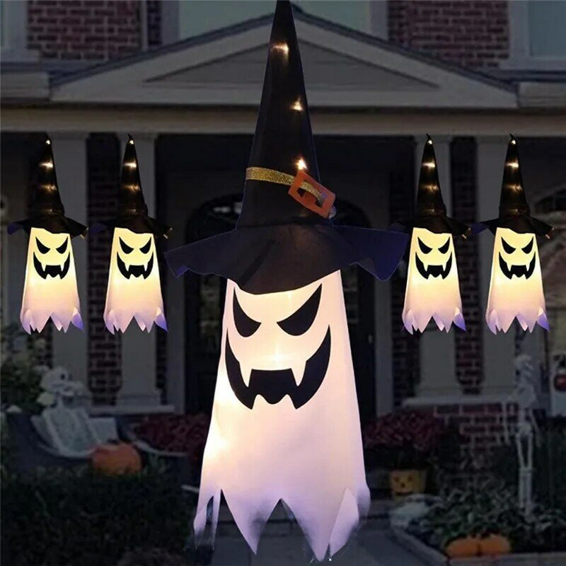 Dekoracja Halloween migające oświetlenie LED łyszczec duch sukienka świąteczna w górę Halloween świecący czarodziej duch kapelusz dekoracyjna z lampkami