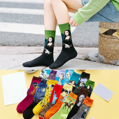 Лидер продаж, 1 пара, классические женские носки в стиле ретро на осень и зиму с рисунком Ван Гога и фреской, женские носки с картинкой всемир...