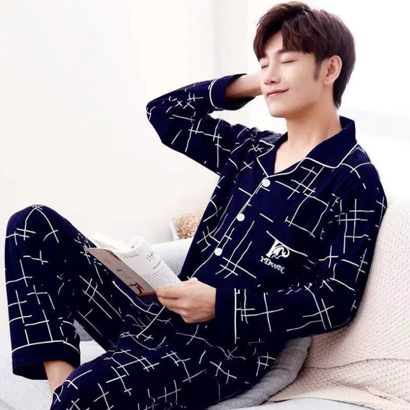 2021 sommer Casual Gestreiften Baumwolle Pyjama Sets für Männer Kurzarm Lange Hosen Nachtwäsche Pyjama Männlichen Homewear Lounge Wear Kleidung