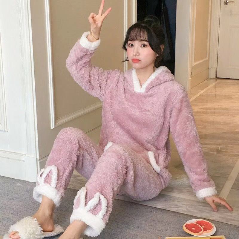 2 Pcs/lot Winter Pajamas Sets Women Sleepwear Warm Flannel Long Sleeves Coral Pijama Pink Thick Homewear Pyjama Sleepwear
