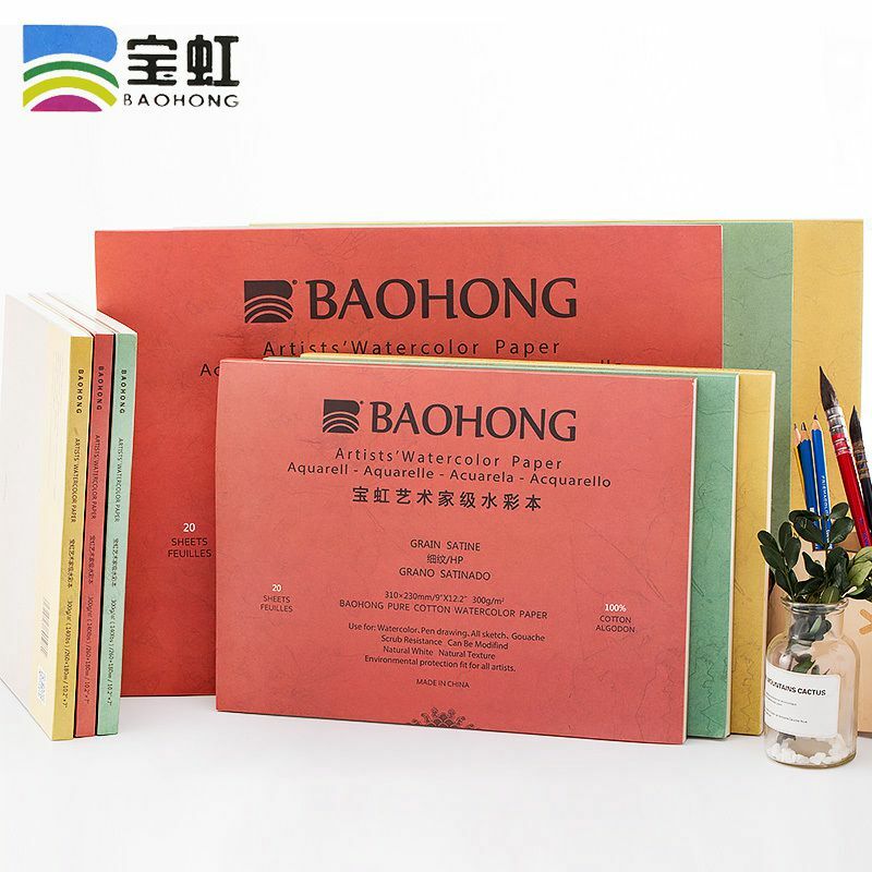 Baohong papel aquarela de artista 100% algodão, 300g, 20 folhas profissionais, almofada de papel aquarela para pintura, materiais de arte