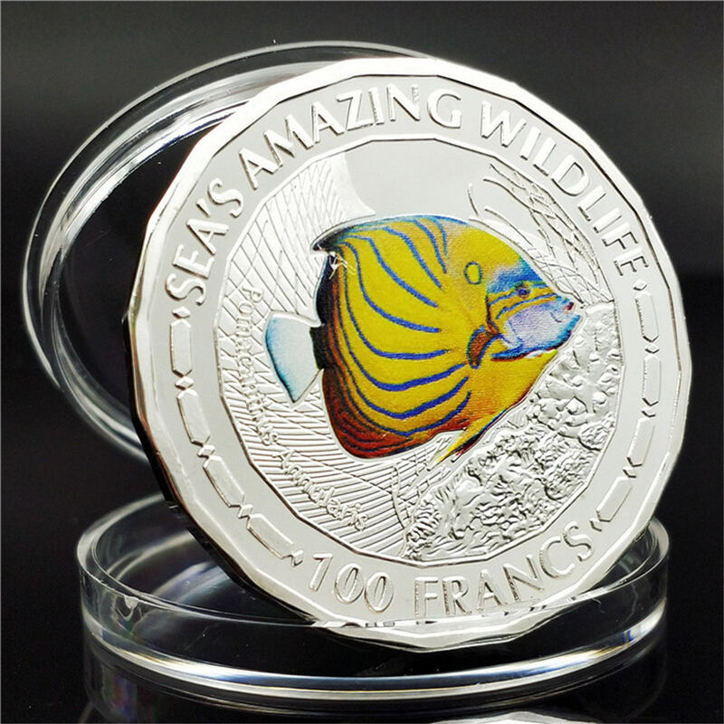 동물의 동전 콩고 럭키 블루 반지 열대어 바다 선물 기념 동전 기념 메달 실버 코인 공예품 소장품