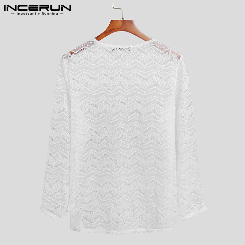 INCERUN New Men's 2021 Casual Jacquard Stylish Style T-shirt  Printing Long-sleeved Round Neck Micro-transparent Shirts S-5XL