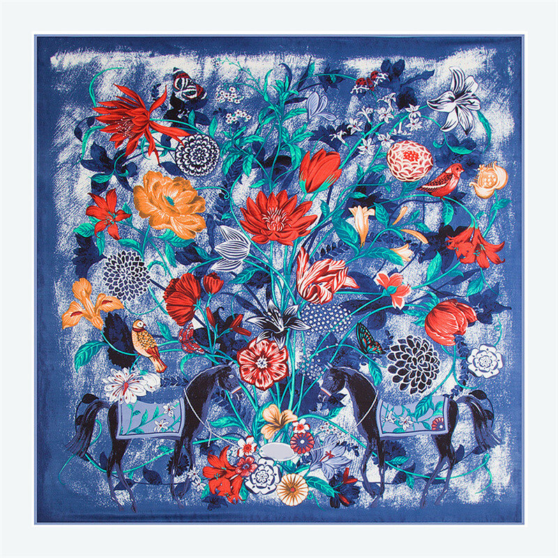 Bufanda de seda nueva de marca de diseñador, chal cuadrado de 130x130cm con estampado floral de caballo, toalla de playa, chal cálido de moda de otoño