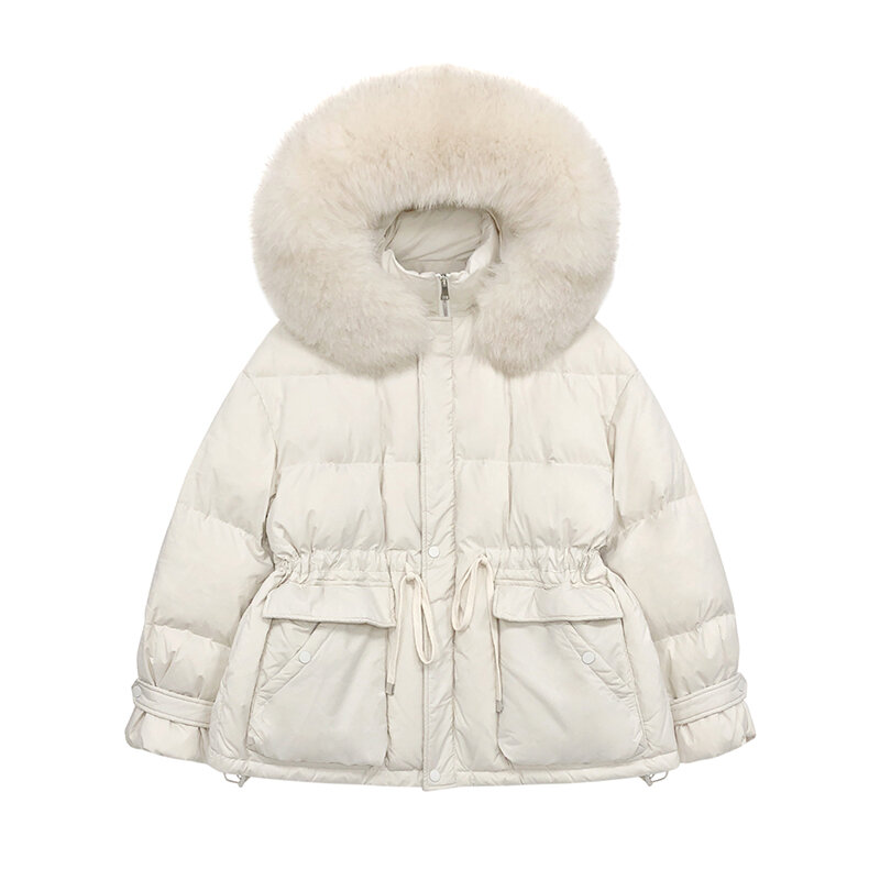 ฤดูหนาวขนาดใหญ่ Fox Fur Collar เสื้อแจ็คเก็ตผู้หญิง90% สีขาวเป็ดลงเสื้อสูงเอวพัฟแขนเอว Retractable
