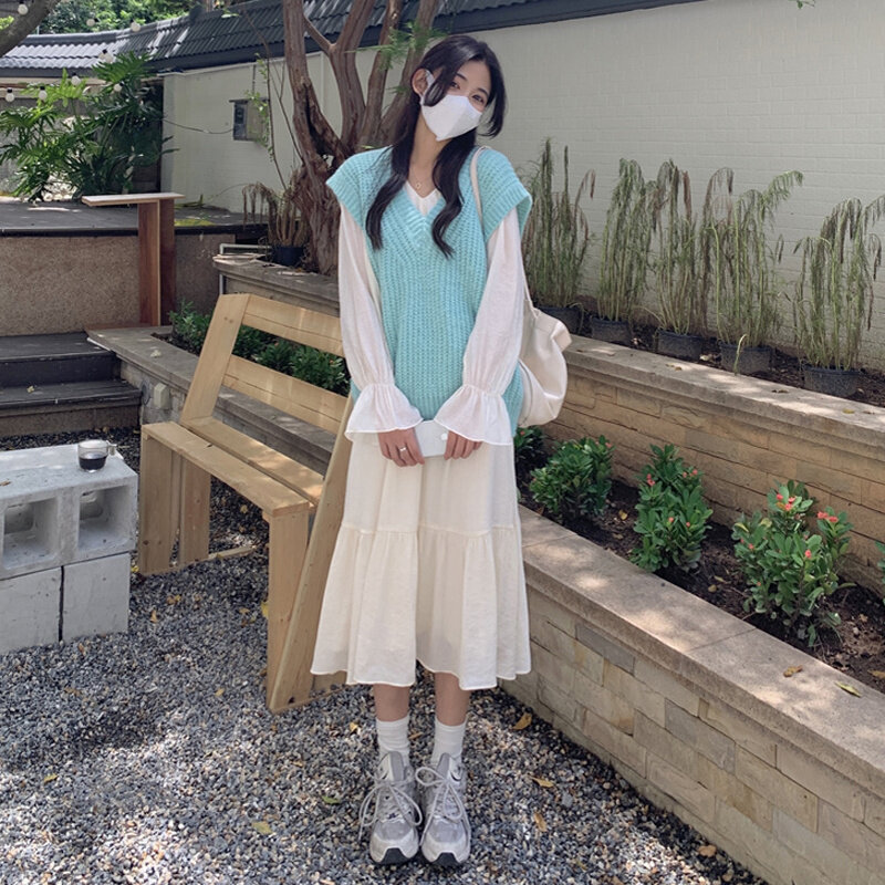 Gaun Wanita Setelan Musim Gugur Korea 2021 Penutupan Pinggang Ramping Mode Pengurangan Usia Serbaguna Ruffle Lengan Panjang Gaun Chic untuk Wanita