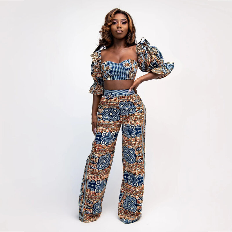 2021 nowy druk cyfrowy kołnierz z dwoma rękawami topy luźna szeroka nogawka spodnie Casual modny zestaw afrykański nadruk Dashiki odzież 157