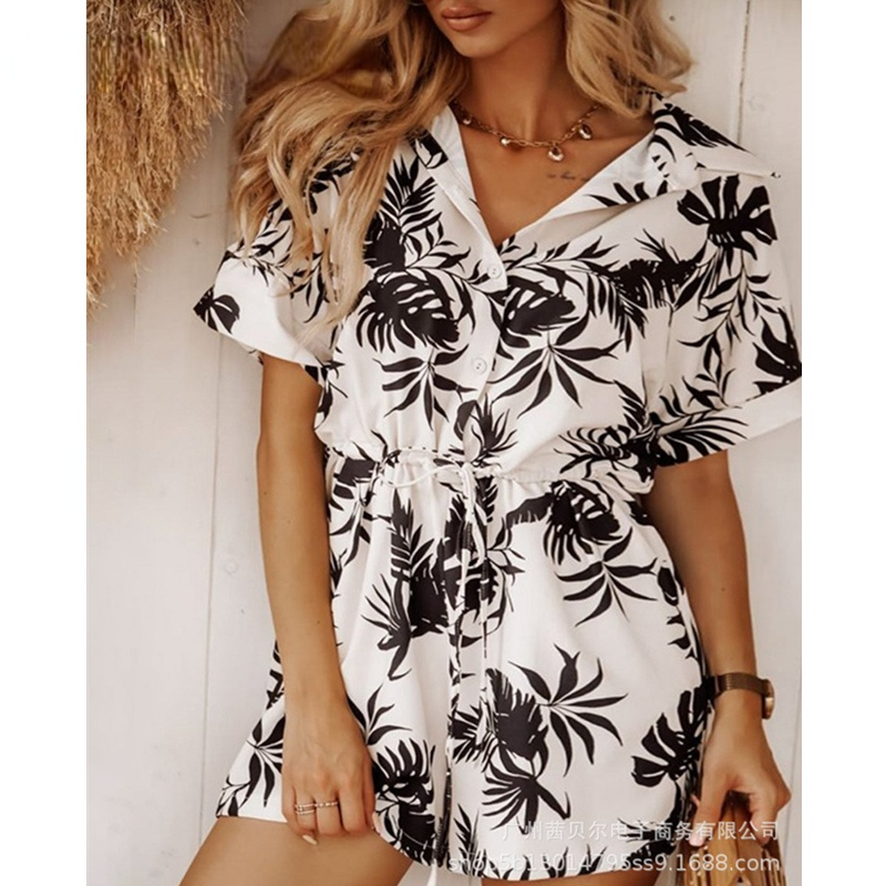 Casual Women Vintage Print Jumpsuit 2021 Summer Fashion New Turn-down Collar Holiday Beach Short Jumpsuits